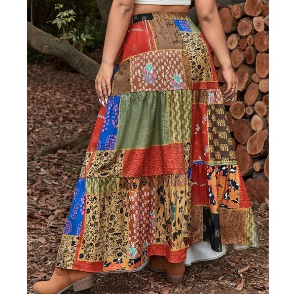 Plus floral print Patchwork Stretchy Waist Maxi Skirt - Picture 2 of 4